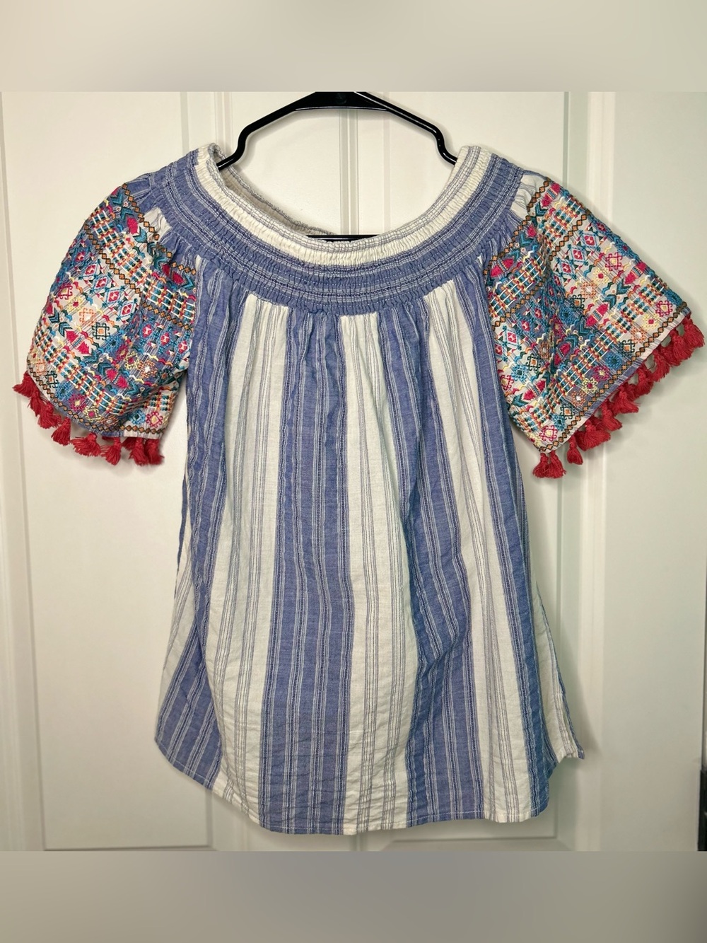 Savanna Jane Blue & White Striped Embroidered Peasant Top with Red Tassels